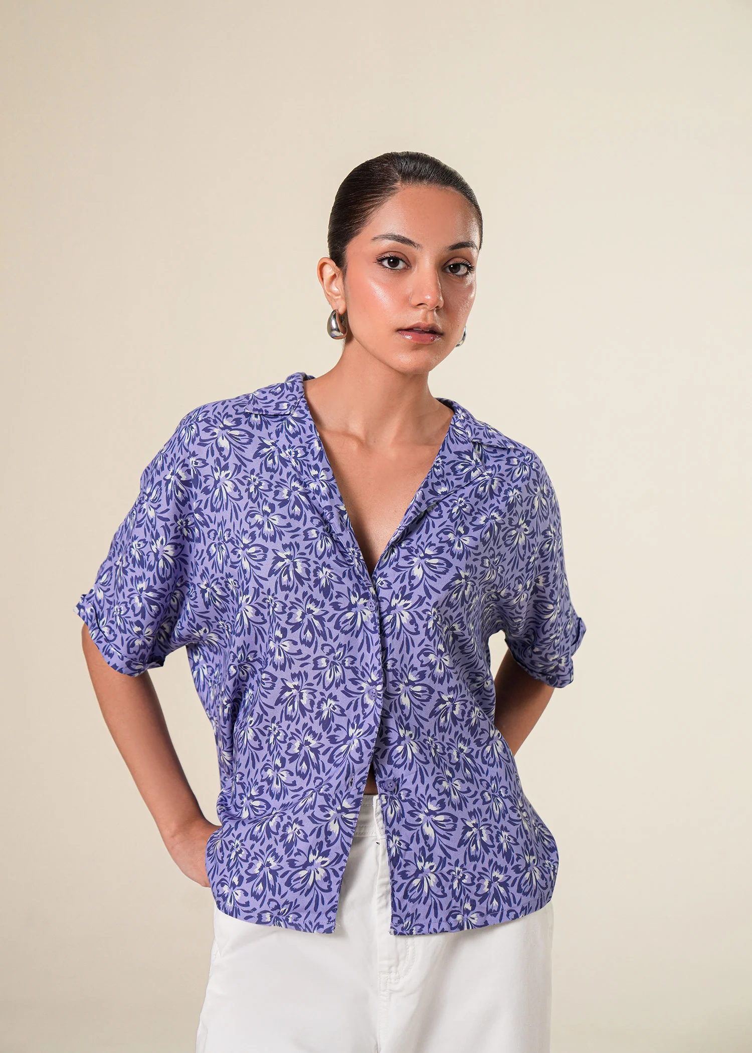 Notch Collar Dropped Shoulder Floral Shirt- WS25-261 - Image 3