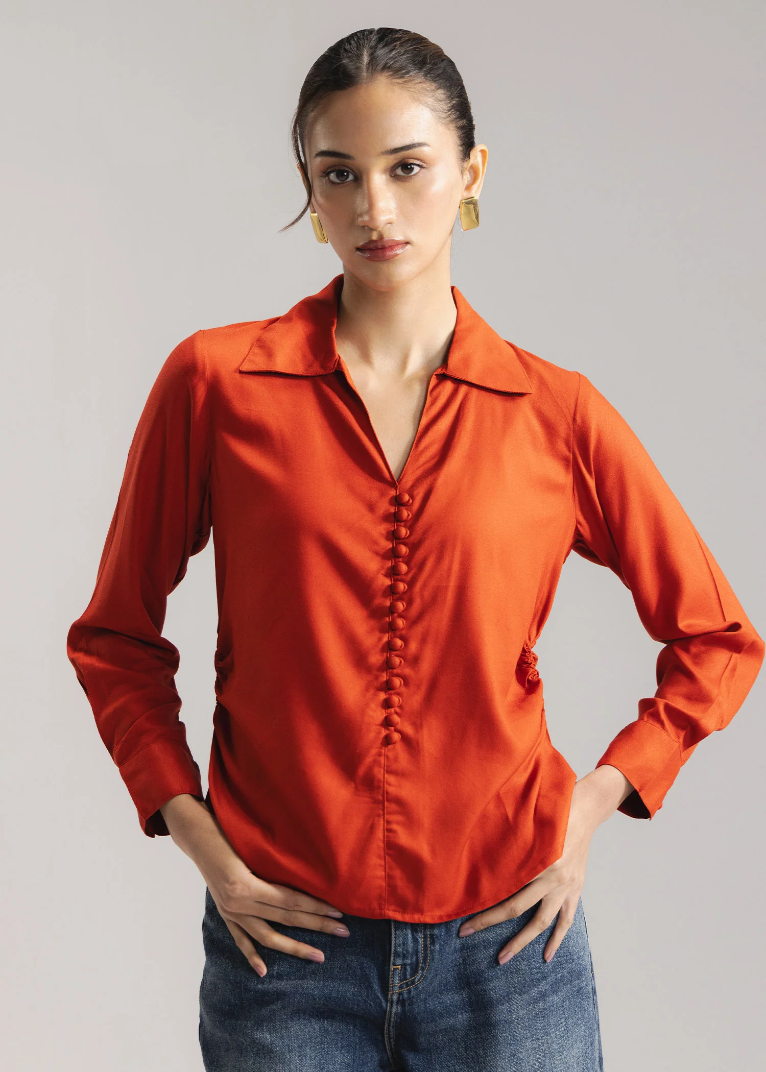 Button Down Shirt with Gathers at Waist- WS26-84 - Image 3