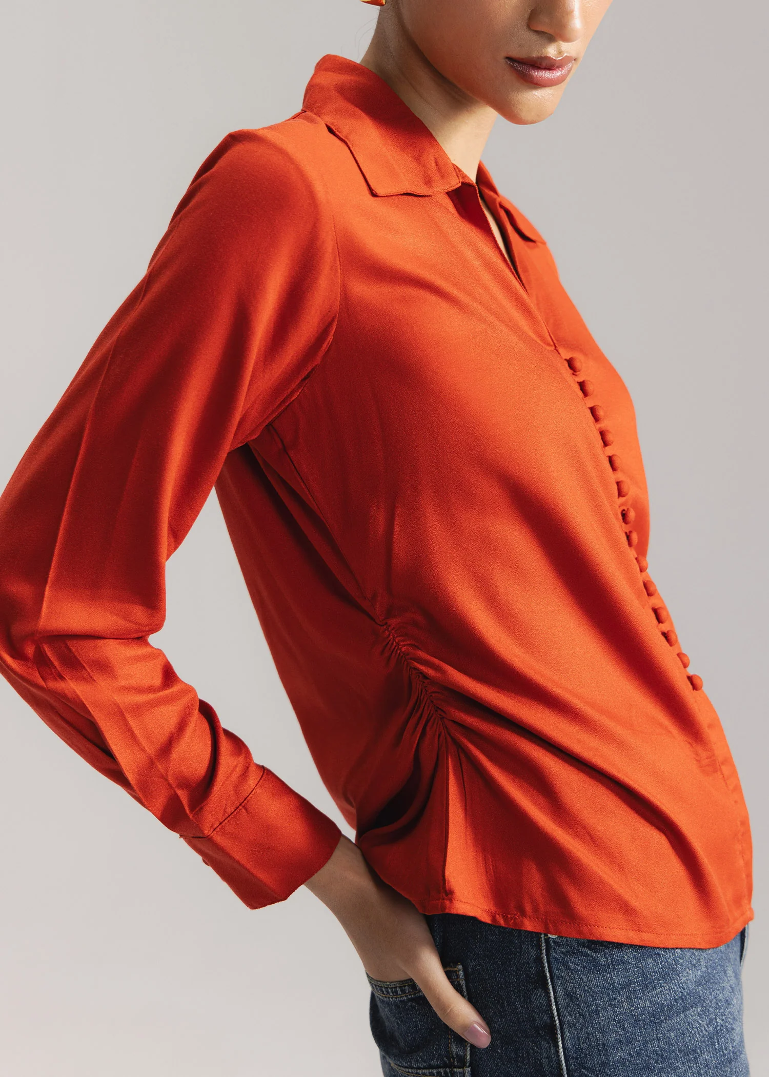 Button Down Shirt with Gathers at Waist- WS26-84 - Image 4